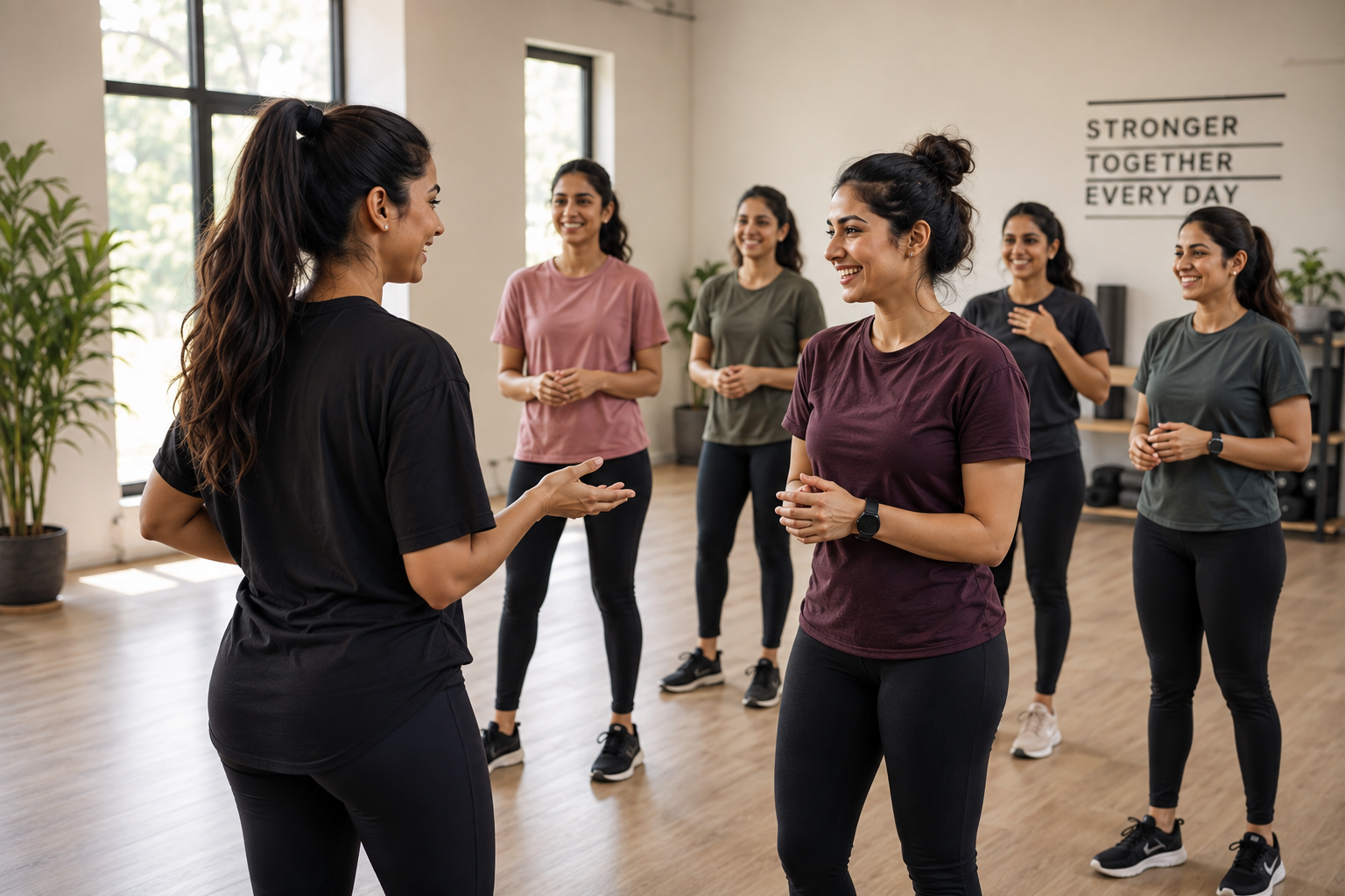 Indian women participating in a live group workout with a female coach