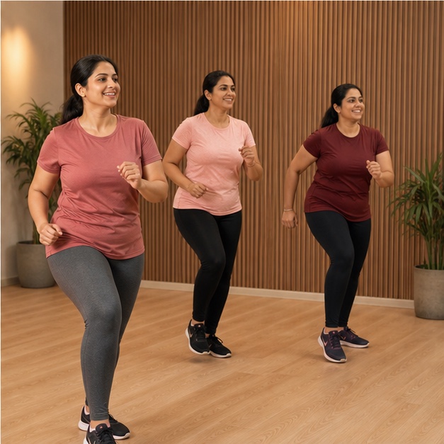 Indian women participating in a supportive group fitness workout